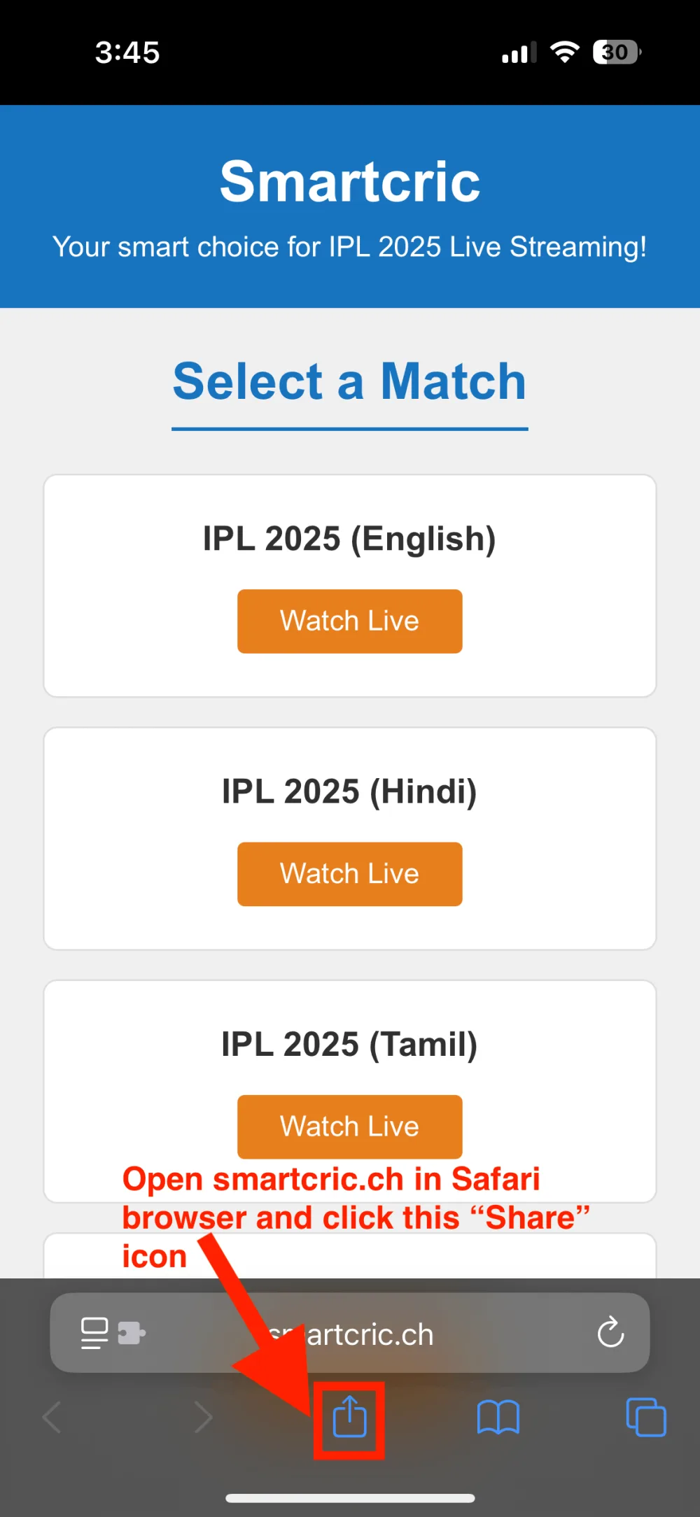 Open Smartcric and tap Share